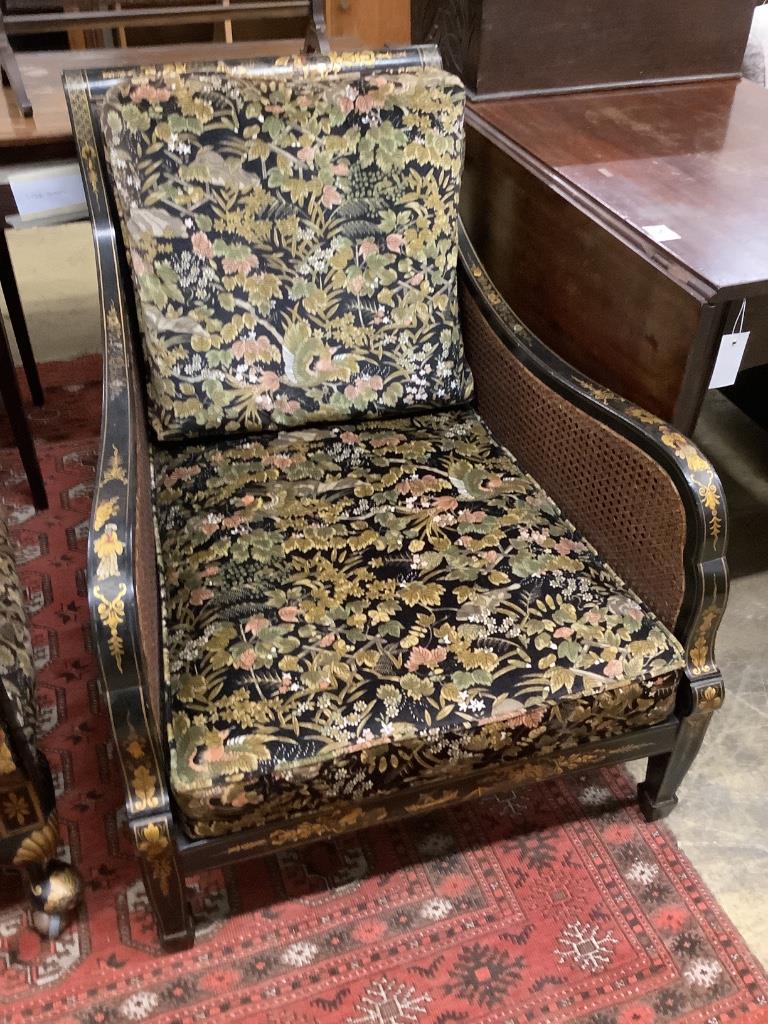 An early 20th century chinoiserie lacquer bergere armchair, width 70cm depth 85cm height 82cm